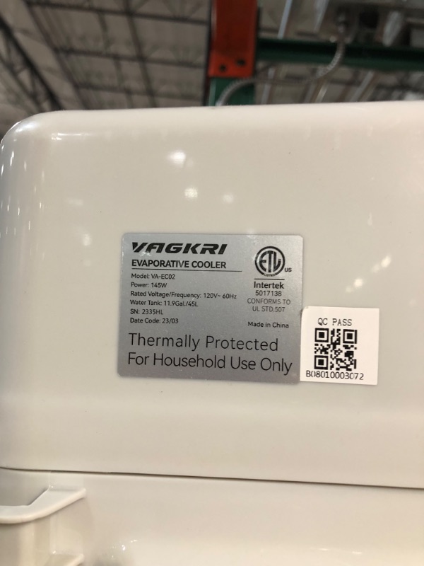 Photo 8 of ***MISSING REMOTE - SEE NOTES***
Evaporative Cooler, VAGKRI 3000CFM Evaporative Air Cooler, 12 Gallon