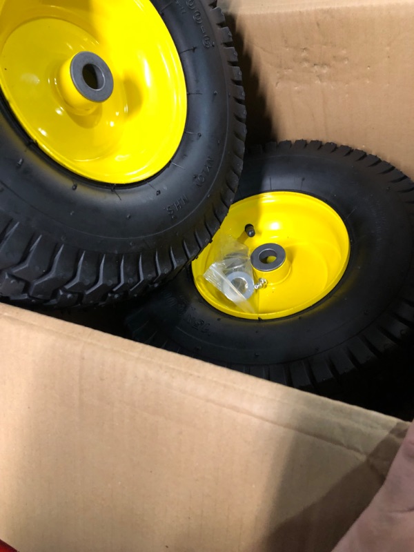 Photo 2 of (2 Pack) AR-PRO Exact Replacement 15" x 6.00 - 6" Front Tire and Wheel Assemblies for John Deere Riding Mowers - Compatible with John Deere 100 and D100 Series - 3” Hub Offset and 3/4” Bushings 15" x 6.00-6" Yellow