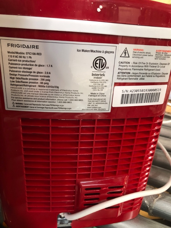 Photo 4 of **PARTS ONLY** Frigidaire EFIC108-RED Compact Ice Maker (Red) Red Ice Maker