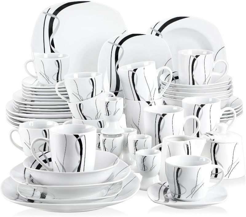 Photo 1 of VEWEET, , 50-Piece Plates and Bowls Sets for 6, Including Porcelain Dishes Sets, Bowls, Mugs, Egg Cups, Cup and Saucer Set, Milk Jug and Sugar...