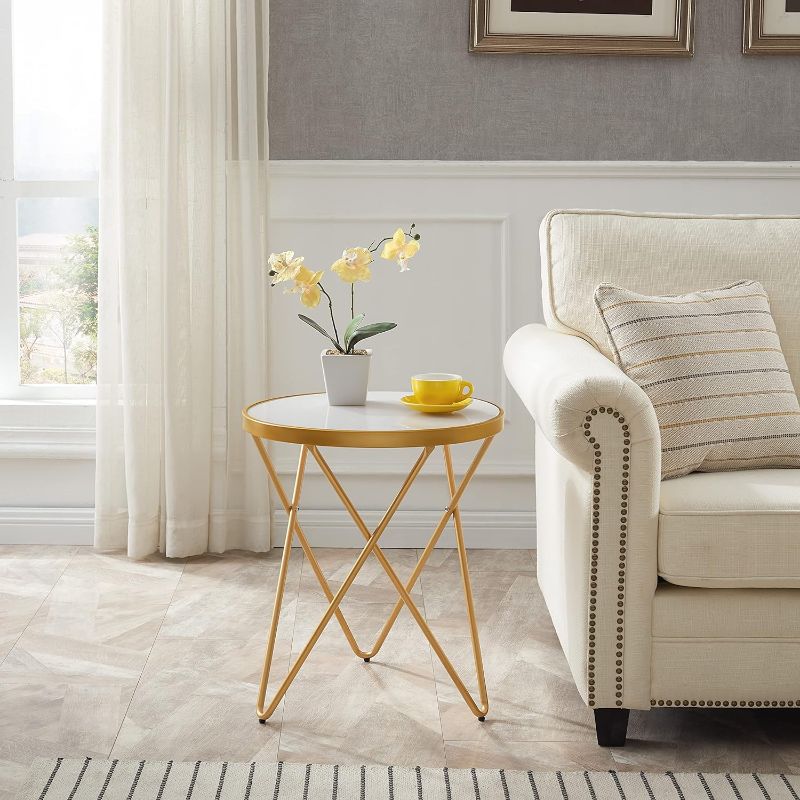 Photo 1 of **STOCK PHOTO JUST FOR REFERENCE**
KithKasa Round End Table with White Tempered Glass Golden Legs and Metal Frame, Mid Century Modern Side Table for Small Space Living Room
