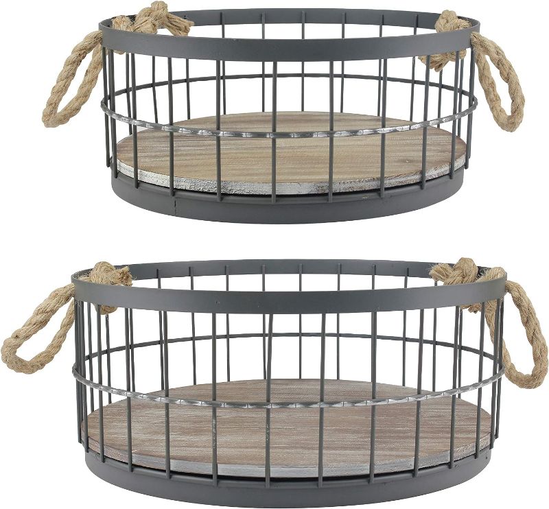 Photo 1 of * SEE NOTES * Stonebriar 2pc Round Stackable Metal Wire and Wood Basket Set with Rope Handles,