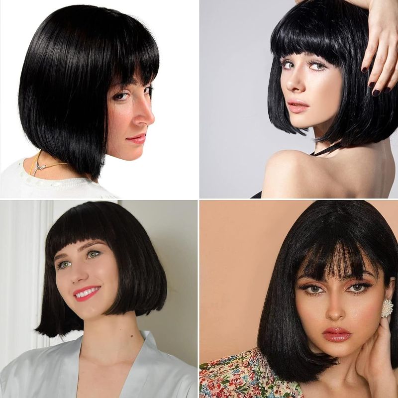 Photo 1 of Black Bob Wig with Fringe Short Black Wig Human Hair Wig Bob Natural Short Smooth Wigs Flat Fringe Wigs Heat Resistant Synthetic Wig for Daily Party Cosplay
