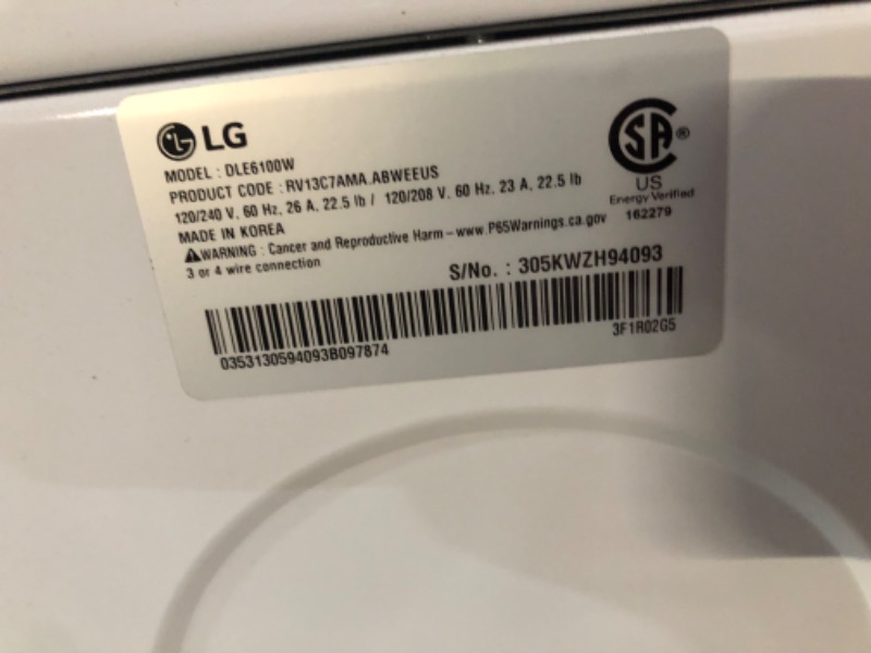 Photo 15 of *MINOR SCRATCHES SEE LAST TWO PHOTOS*
7.3 cu. ft. Ultra Large Capacity Rear Control Electric Energy Star Dryer with Sensor Dry MODEL #: DLE6100W SERIAL #:305KWZH94093