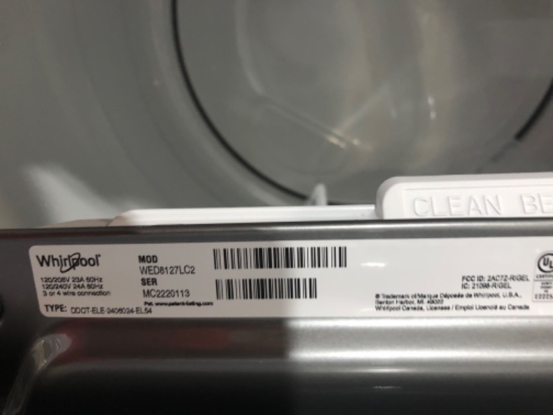 Photo 5 of Whirlpool Smart Capable 7.4-cu ft Steam Cycle Smart Electric Dryer (Chrome Shadow) ENERGY STAR MODEL #:WED8127LC SERIAL #: B08AG8DW326235J