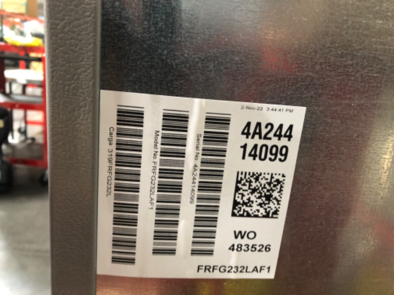 Photo 19 of DAMAGE/ SEE NOTES*****
Frigidaire 23.3 Cu. Ft. Counter-Depth French Door Refrigerator MODEL #: FRFG232LAF1
 SERIAL #: 4A24414099