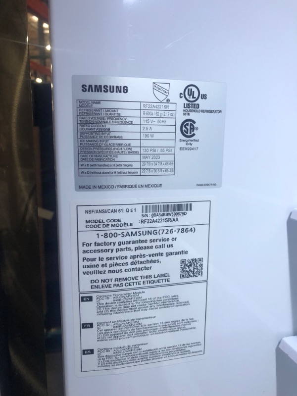 Photo 18 of *PREV USED-MINOR DENTS SEE NOTES*
22 cu. ft. Smart 3-Door French Door Refrigerator with External Water Dispenser in Fingerprint Resistant Stainless Steel MODEL #: RF22A4221SR SERIAL #: 0BA34BBW500879D