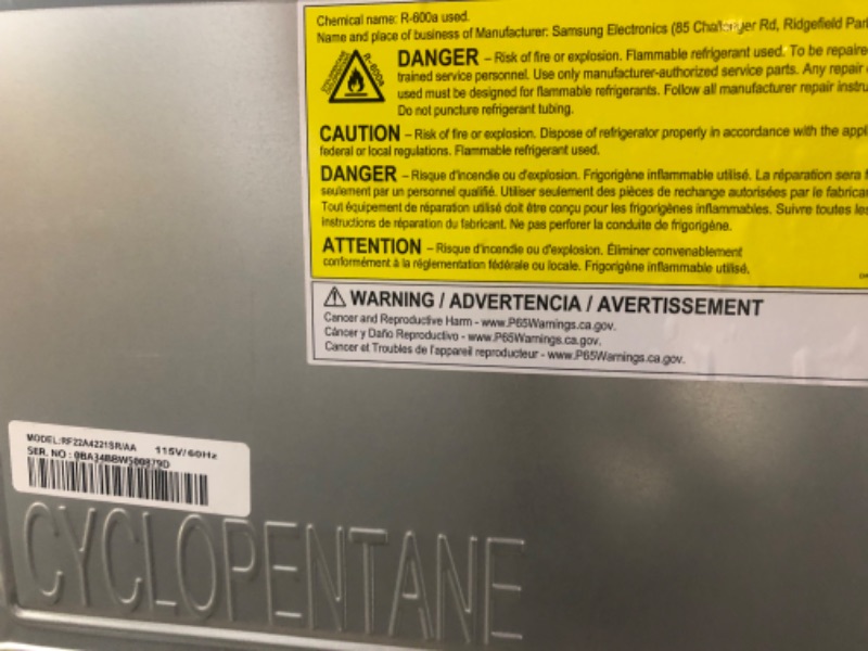 Photo 17 of *PREV USED-MINOR DENTS SEE NOTES*
22 cu. ft. Smart 3-Door French Door Refrigerator with External Water Dispenser in Fingerprint Resistant Stainless Steel MODEL #: RF22A4221SR SERIAL #: 0BA34BBW500879D