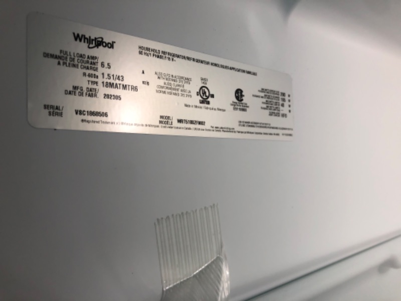 Photo 8 of *MINOR DAMAGE SEE NOTES*
28-inch Wide Refrigerator Compatible With The EZ Connect Icemaker Kit – 18 Cu. Ft. MODEL #: WRT518SZFM02 SERIAL #: VSC1868506