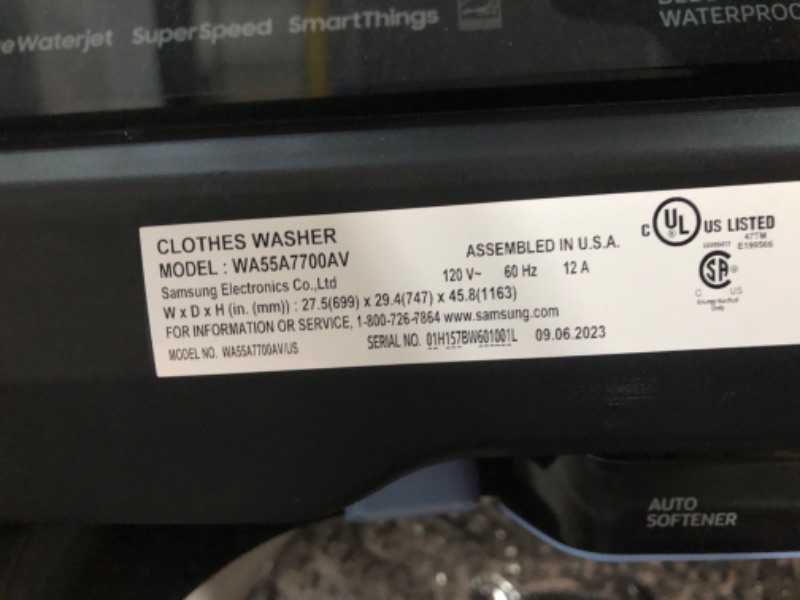 Photo 7 of Samsung 5.5-cu ft High Efficiency Impeller Smart Top-Load Washer (Brushed Black) ENERGY STAR MODEL #: WA55A7700AV SERIAL #: 01H157BW601001L
