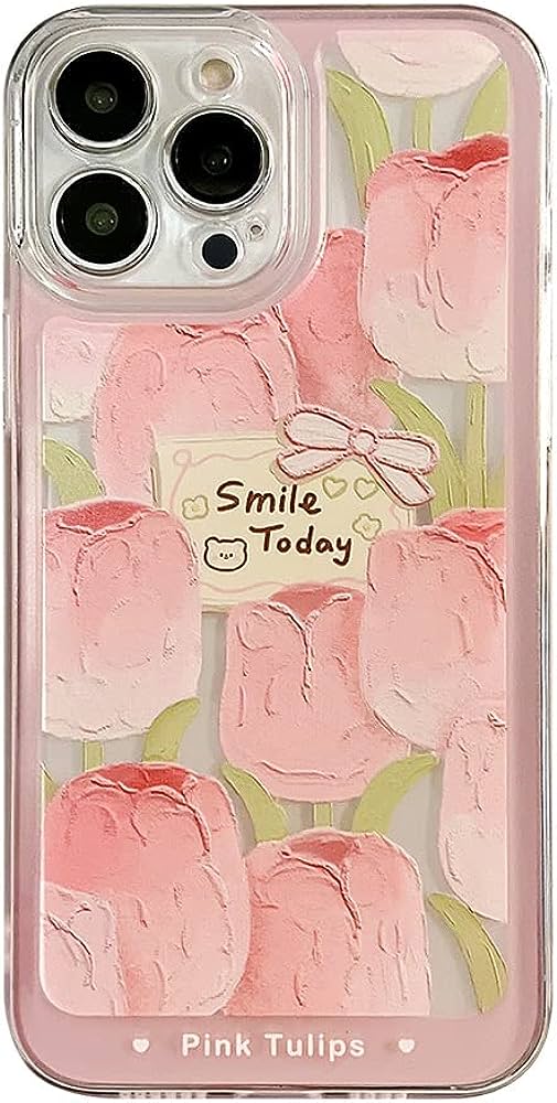 Photo 1 of 2PK Clear Cute Pink Tulip Pattern Design Slim iPhone 14 PRO