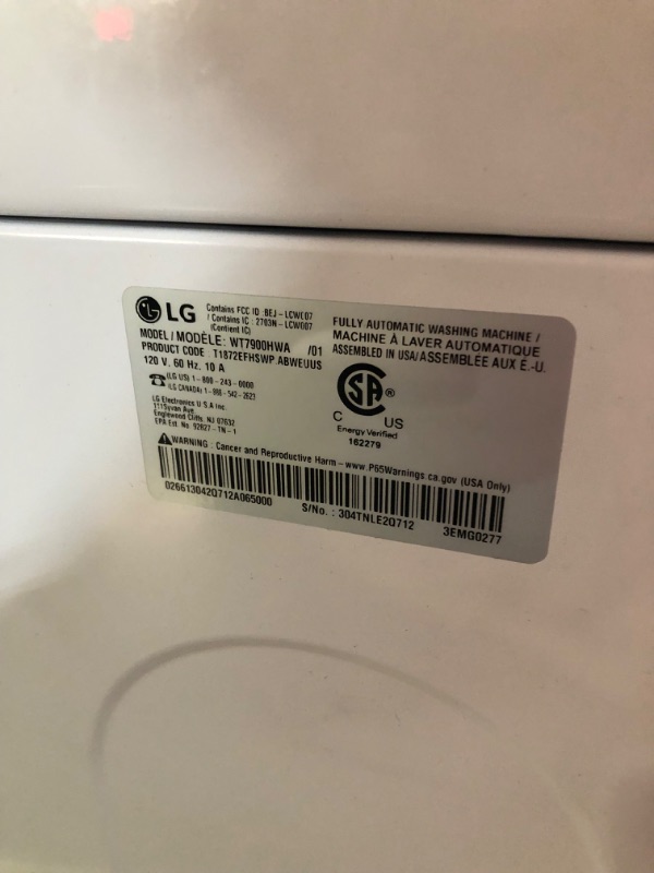 Photo 10 of 5.5 cu.ft. Mega Capacity Smart wi-fi Enabled Top Load Washer with TurboWash3D™ Technology and Allergiene™ Cycle MODEL #: WT7900HWA SERIAL #: 304TNLE2Q712