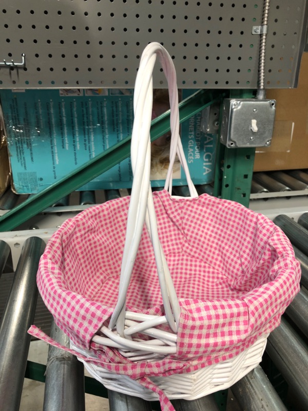 Photo 3 of *SEE NOTES* White Round Willow Gift Basket, with Pink and White Gingham Liner and Handles, Medium