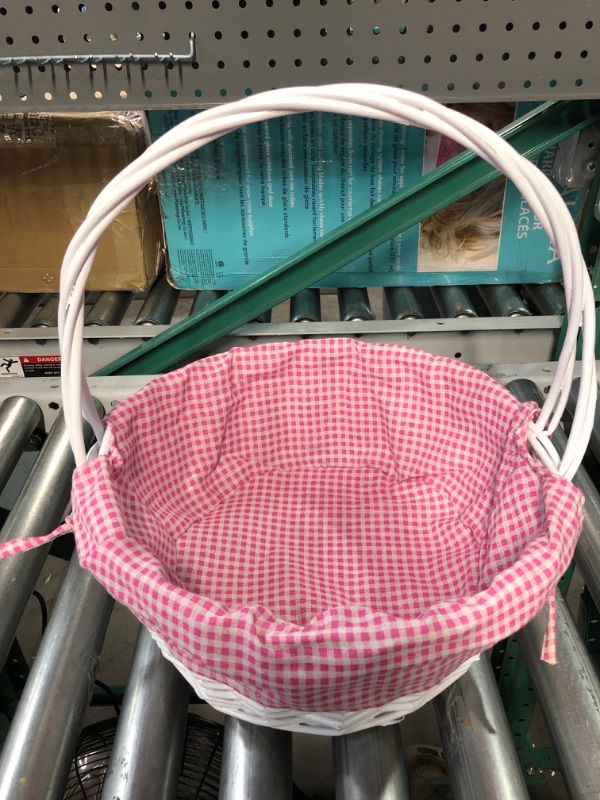 Photo 1 of *SEE NOTES* White Round Willow Gift Basket, with Pink and White Gingham Liner and Handles, Medium