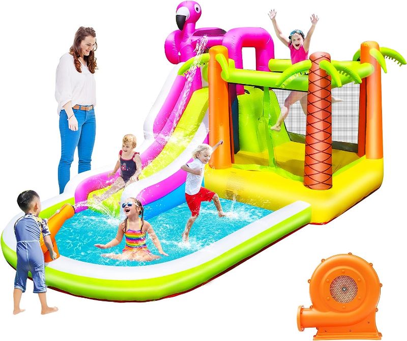 Photo 1 of *USED UNABLE TO TEST SEE NOTES* Step4Fun Bounce House, Indoor Inflatable Water Slide Jumping Bouncer for Kids Outdoor Backyard Party, Including Blower, Climbing Wall, Splash Pool flamingo