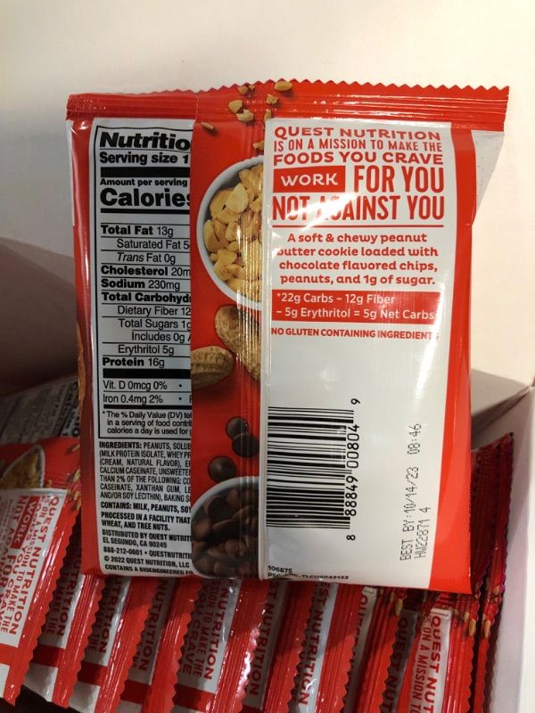 Photo 4 of (USED) Quest Protein Cookie, Peanut Butter Chocolate Chip - 12 pack, 2.04 oz cookies
EXPIRES IN 10/14/23