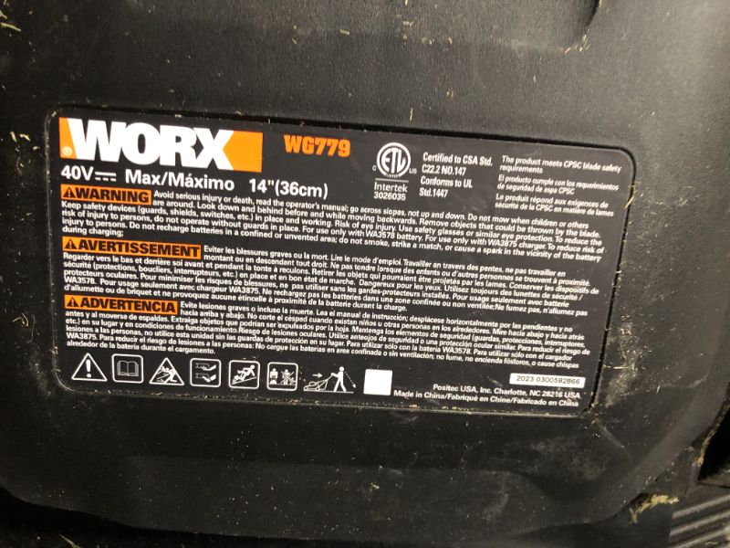 Photo 1 of ***HEAVILY USED AND DIRTY - NONFUNCTIONAL - SEE NOTES***
Worx WG779 40V Power Share 4.0Ah 14" Cordless Lawn Mower
