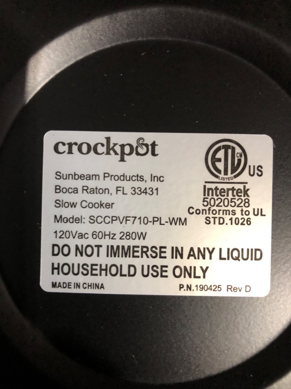 Photo 4 of **LIGHTS FLICKER WHEN PLUGGED IN ** crock-pot sccpvf710-p slow cooker, 7 quart, polished