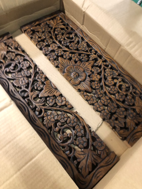 Photo 3 of *DAMAGED* Asiana Home Decor Wood Carved Panel. Decorative Thai Wall Relief Panel Sculpture.Teak Wood Wall Hanging in Dark Brown Finish Size 24"x13.5"x0.5"