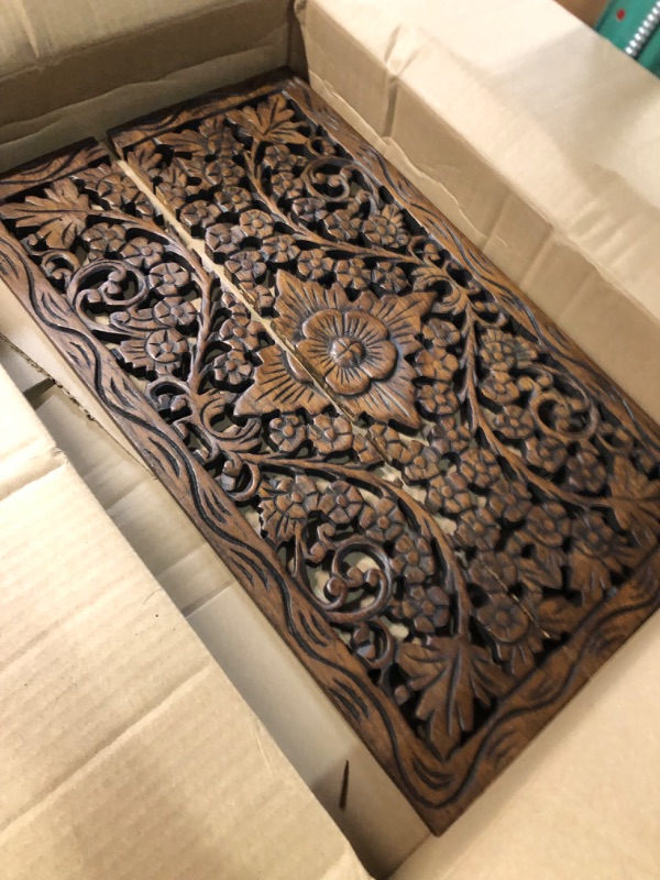 Photo 2 of *DAMAGED* Asiana Home Decor Wood Carved Panel. Decorative Thai Wall Relief Panel Sculpture.Teak Wood Wall Hanging in Dark Brown Finish Size 24"x13.5"x0.5"