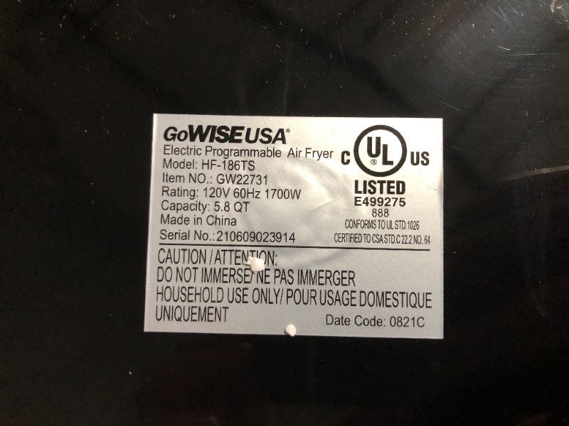 Photo 5 of ***DAMAGED - SEE NOTES***
GoWISE USA 1700-Watt 5.8-QT 8-in-1 Digital Air Fryer 