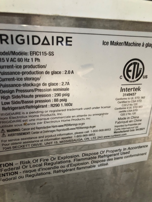 Photo 6 of **PARTS ONLY** *USED/DIRTY* Frigidaire EFIC115 Extra Large Ice Maker, Stainless Steel