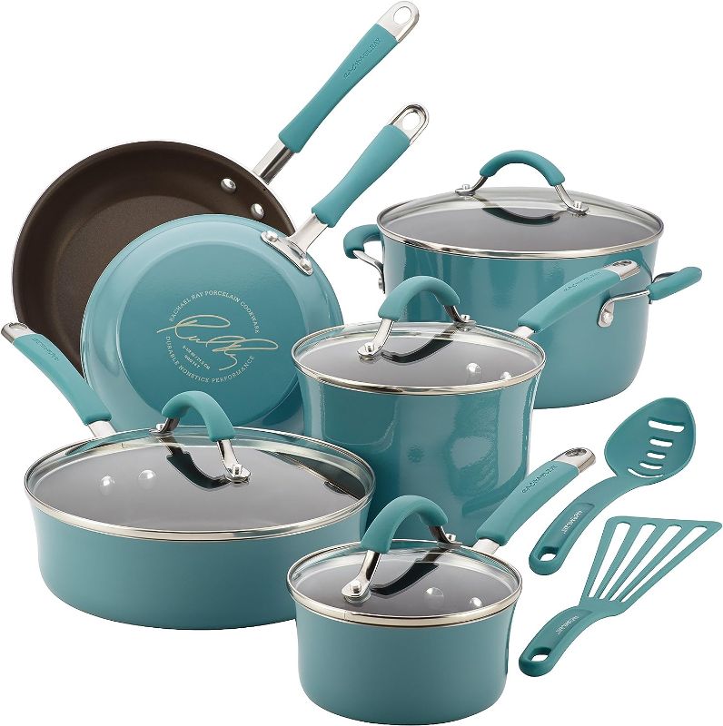 Photo 1 of (USED) Rachael Ray Cucina Nonstick Cookware Pots and Pans Set, 12 Piece, Agave Blue