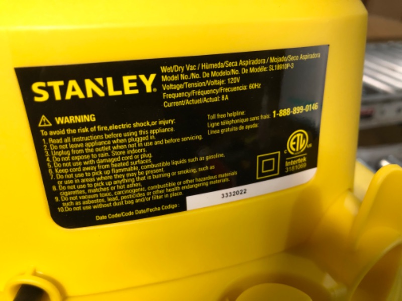 Photo 4 of **PARTS ONLY** Stanley SL18910P-3 Wet/Dry, 3 Gallon, 3 Horsepower, Portable Car Vacuum, 3.0 HP AC, Black+Yellow