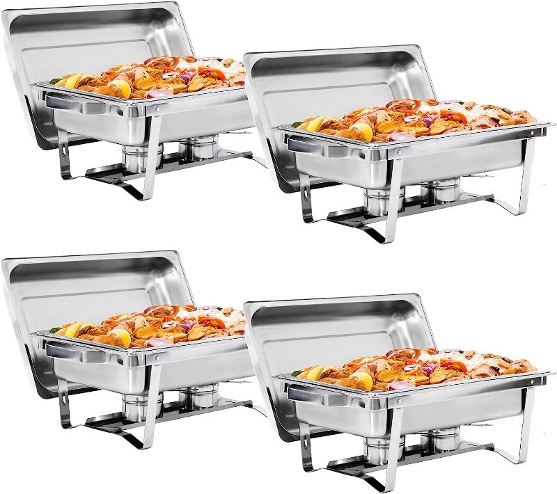 Photo 1 of **STOCK PHOTO IS A REFERENCE**)
4 Pack 8QT Food Warmer, Rectangular Chafing Dish Buffet Set w/Foldable Frame Legs, Stainless
