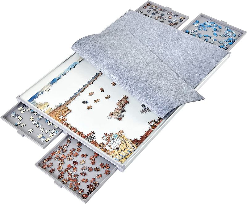 Photo 1 of 1500 Piece Non-Wood Jigsaw Puzzle Board with Drawers and Felt Fabric Cover Mat, Portable Puzzle Table for Adults, Puzzle Tray, Large Size: 35×26 Inch Work Surface, Lightweight Design *SEE NOTES 