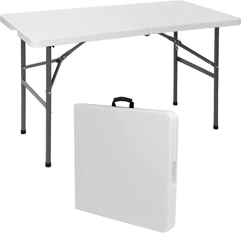 Photo 1 of 4 Foot Plastic Folding Table, Indoor Outdoor Heavy Duty Fold-in-Half Picnic Party Camping Barbecues Table with Carrying Handle, White