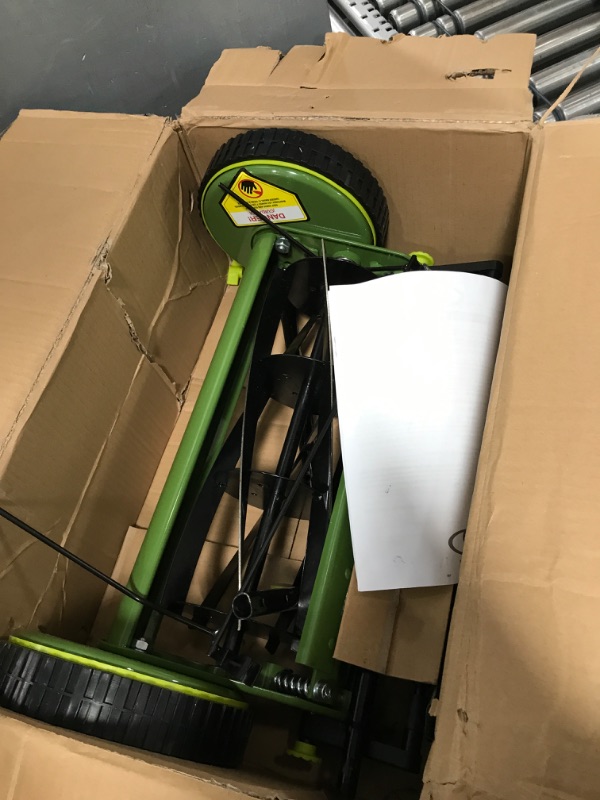 Photo 1 of Sun Joe MJ500M 16-Inch Manual Reel Mower w/Adjustable Cutting Height, 6.6-Gallon Removable Grass Catcher, 5 Steel Blades, 2-Wheels