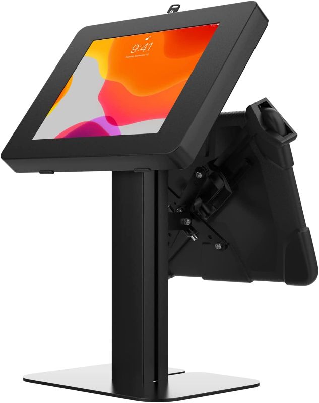 Photo 1 of CTA Digital Table Mount & Enclosure – CTA Adjustable Table Mount with Universal Security Holder and Universal Security Enclosure for Dual-Device POS Stations,Classroom Use,and More (PAD-VPOS2BC)-Black
