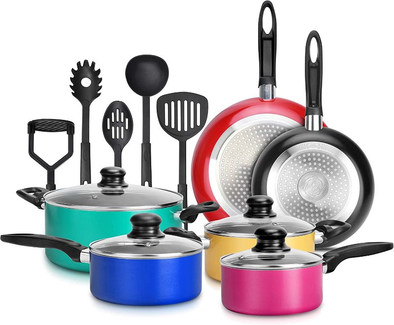 Photo 1 of 15-Piece Nonstick Kitchen Cookware Set PTFE/PFOA/PFOS- Free | Colorful Heat Resistant Lacquer Kitchen Ware Pots Pan Set w/Saucepot, Frying Pans, Pots, Oven...
