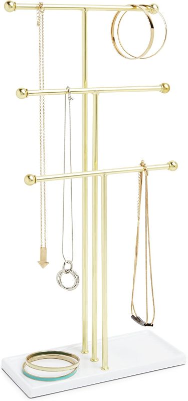 Photo 1 of * See notes *Umbra Trigem Hanging Jewelry Organizer Tiered Tabletop Countertop Free Standing Necklace Holder Display, 3, Brass/White & 299481-221 Prisma Tray, Geometric Plated Jewelry Storage, 11' x 7.25' x 1.5”