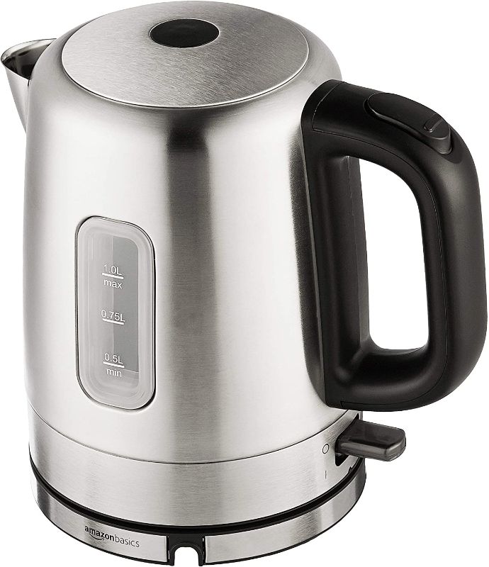 Photo 1 of **MINOR WEAR & TEAR**Amazon Basics Stainless Steel Portable Fast, Electric Hot Water Kettle for Tea and Coffee - 1 Liter, Gray/Black - Automatic Shut-Off
