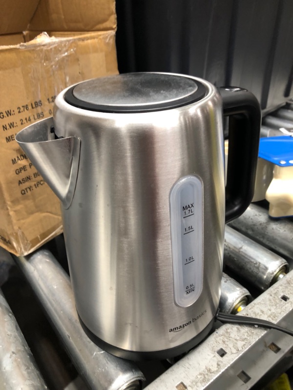 Photo 2 of **MINOR WEAR & TEAR**Amazon Basics Stainless Steel Portable Fast, Electric Hot Water Kettle for Tea and Coffee - 1 Liter, Gray/Black - Automatic Shut-Off
