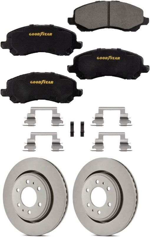 Photo 1 of Goodyear Brakes GYD866 Premium Ceramic Automotive Front Disc Brake Pads Set Bundle with Goodyear Brakes 2 Pack 214634GY Sedan Car Premium AntiOx Coated Front Brake Rotors
