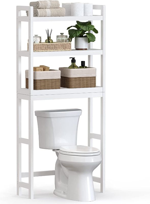 Photo 1 of ***PARTS ONLY NOT FUNCTIONAL***SONGMICS Over The Toilet Storage, 3-Tier Bamboo Over Toilet Bathroom Organizer with Adjustable Shelf, Fit Most Toilets, Space-Saving, Easy Assembly, White UBTS01WT
