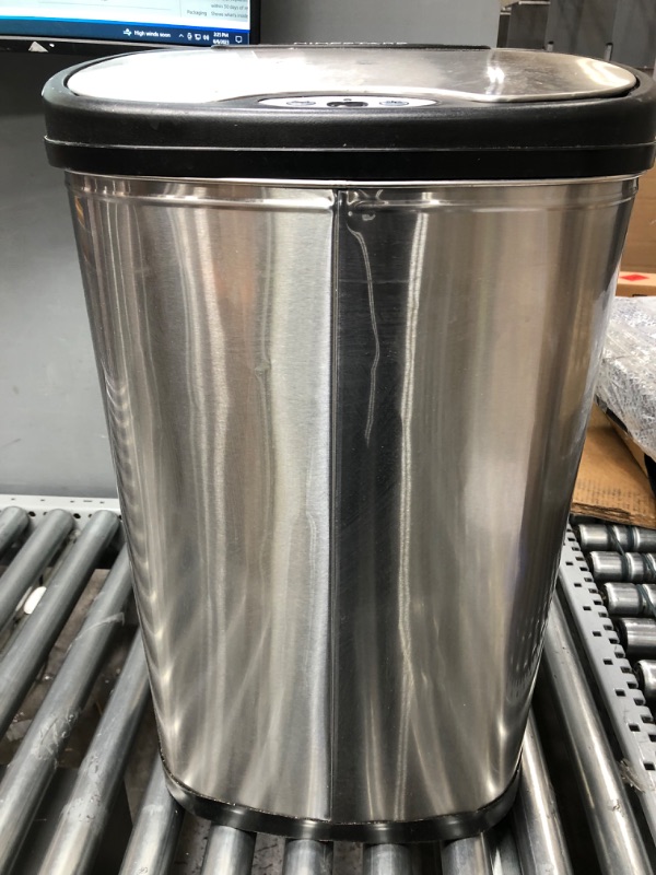 Photo 4 of **USED, DAMAGED**
Ninestars DZT-50-13 Automatic Touchless Motion Sensor Oval Trash Can with Black Top, 13 gallon/50 L, Stainless Steel 13 Gal. 50 L Stainless Steel