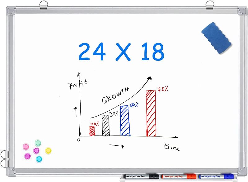 Photo 1 of Magnetic White Board 24 x 18 Dry Erase Board Wall Hanging Whiteboard with 3 Dry Erase Pens, 1 Dry Eraser, 6 Magnets, 2' x 1.5' Message Scoreboard for School Home Office
**RETURN ITEM** item needs cleaning sold as is