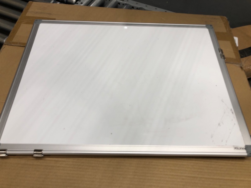 Photo 2 of Magnetic White Board 24 x 18 Dry Erase Board Wall Hanging Whiteboard with 3 Dry Erase Pens, 1 Dry Eraser, 6 Magnets, 2' x 1.5' Message Scoreboard for School Home Office
**RETURN ITEM** item needs cleaning sold as is