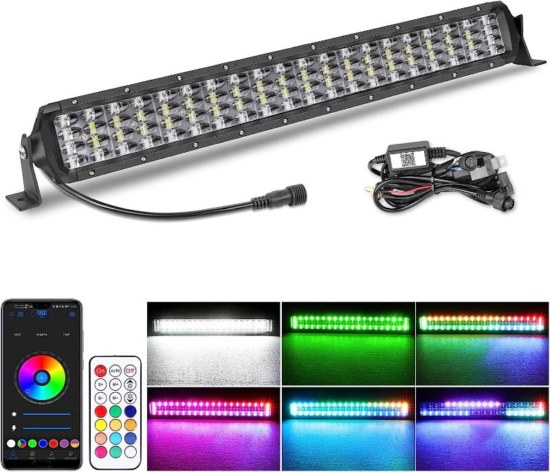 Photo 1 of 20 Inch LED Light Bar, DJI 4X4 5D 120W Cree RGB LED Work Light Chasing RGB halo Multicolor Changing Spot Flood Combo Light Bar with Wiring Harness Bluetooth Driving Light for Off-road Truck Jeep ATV
