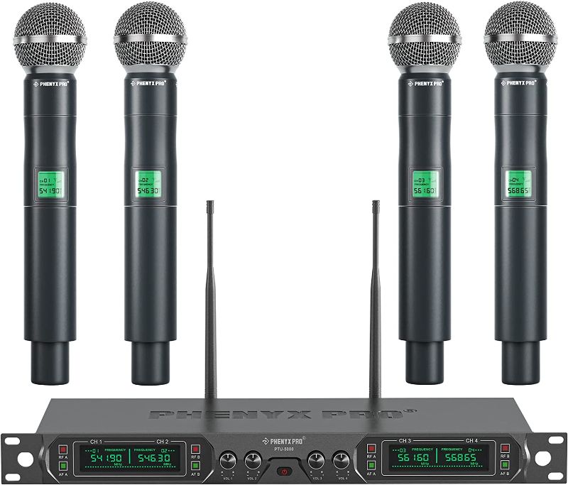 Photo 1 of Phenyx Pro Wireless Microphone System, 4-Channel UHF Wireless Mic, Fixed Frequency Metal Cordless Mic with 4 Handheld Dynamic Microphones, 260ft Range, Microphone for Singing,Church(PTU-5000-4H)
