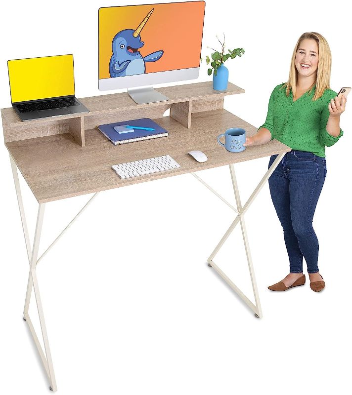 Photo 1 of Stand Steady Joy Desk | Modern Stand Up Workstation with Storage Cubbies | Pretty Standing Desk with Large Desktop | Multifunctional Table for Home &...