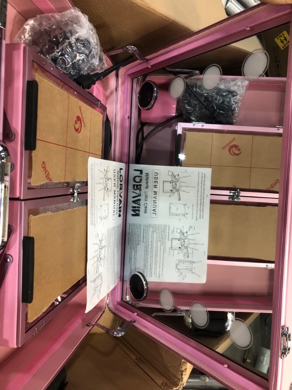 Photo 4 of ***DENTED***Lorvain Rolling Makeup Train Case with Lighted Mirror, 24 inch Large Make up Cosmetic Orgainzer Box Travel Case with Bluetooth, Professional Protable Aluminum Trolley Salon Station - Pink