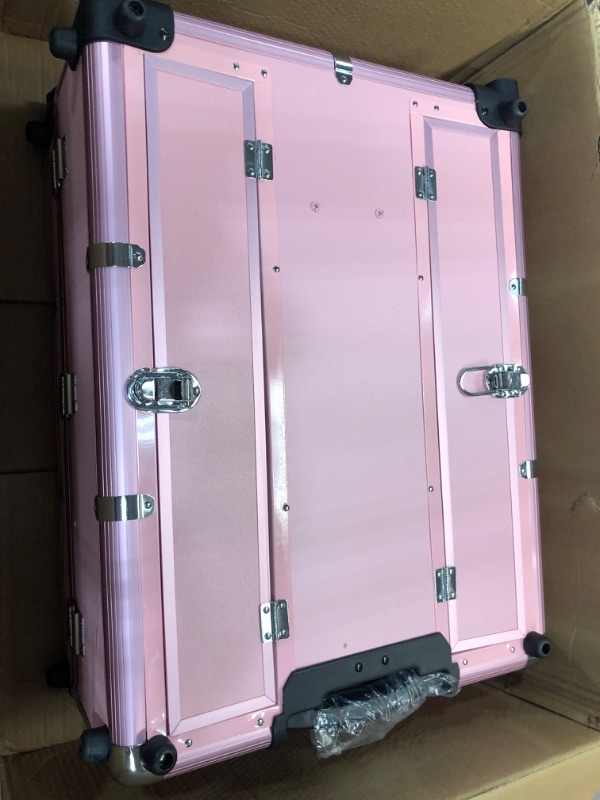 Photo 3 of ***DENTED***Lorvain Rolling Makeup Train Case with Lighted Mirror, 24 inch Large Make up Cosmetic Orgainzer Box Travel Case with Bluetooth, Professional Protable Aluminum Trolley Salon Station - Pink