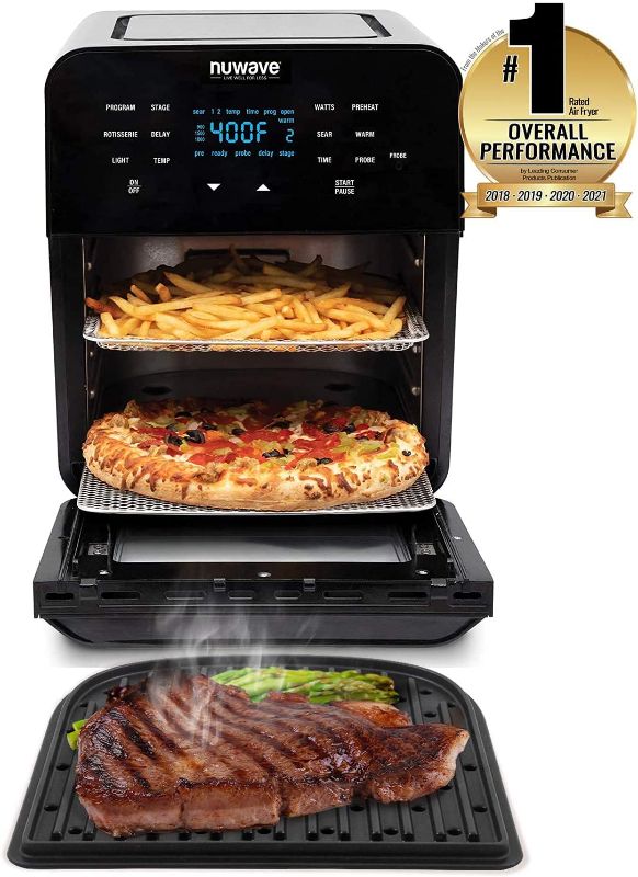 Photo 1 of ***PARTS ONLY NOT FUNCTIONAL***NUWAVE Brio Air Fryer Smart Oven, 15.5-Qt X-Large Family Size, Countertop Convection Rotisserie Grill Combo, Non-Stick Drip Tray, Stainless Steel Rotisserie Basket.