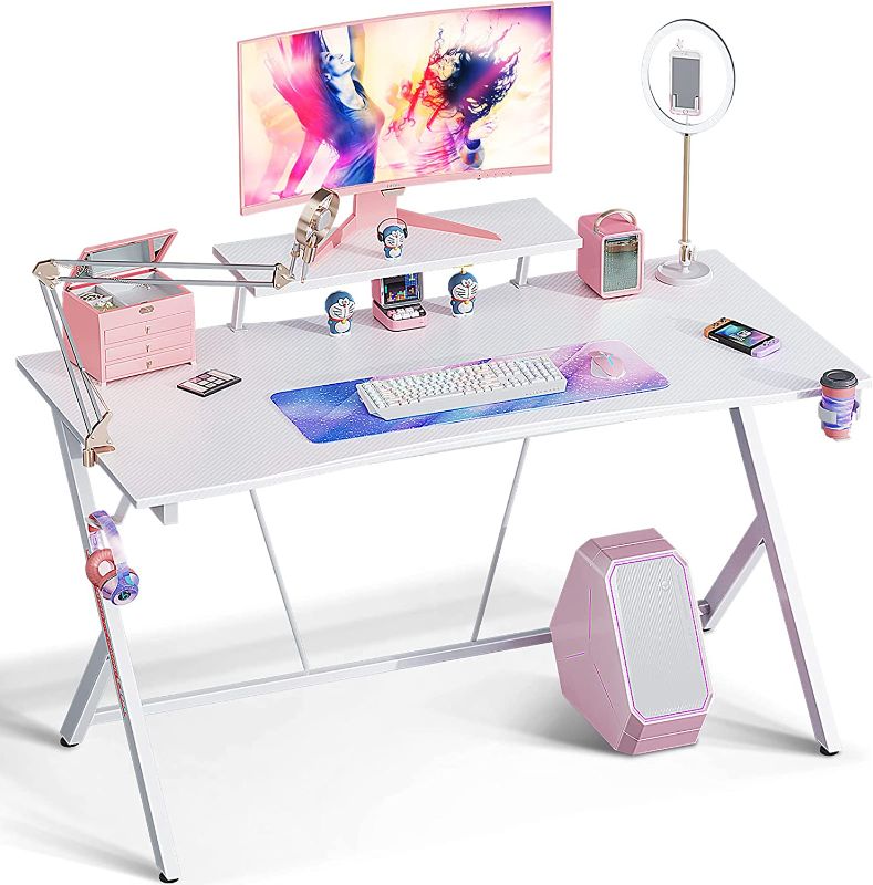 Photo 1 of MOTPK White Gaming Desk 55inch with Monitor Shelf Computer Desk Gaming Table Desk for Girls with Cup Holder and Headphone Hook Gamer Workstation Game Table