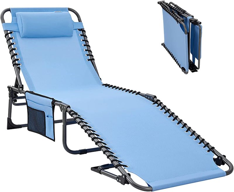 Photo 1 of #WEJOY Folding Chaise Lounge Chair for Beach, Sunbathing, Tanning, Pool, Portable 5-Position Adjustable Lounge Chair for Outside Patio, Lawn, Camping Reclining Chair with Pillow Sidepocket, Lightblue